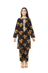 Plum 100% Cotton Lawn Black Colour Printed Golden  Flowers Embroidered Golden threads On Stitched 2 pc suit for Girls.